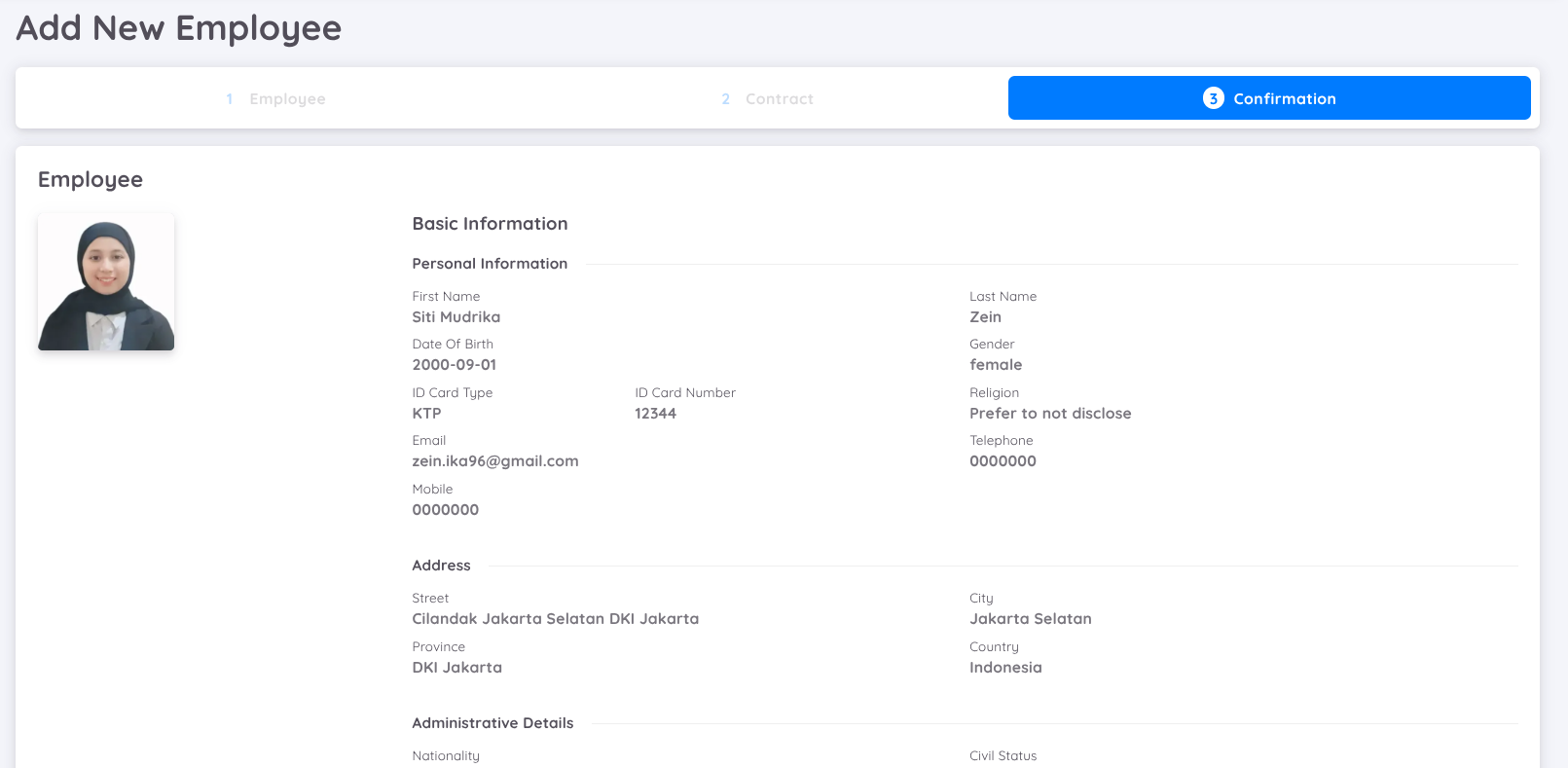 Add New Employee Confirmation Screen