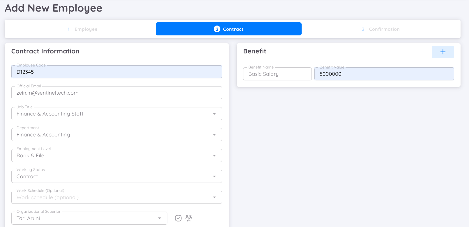 Add New Employee, Contract Tab