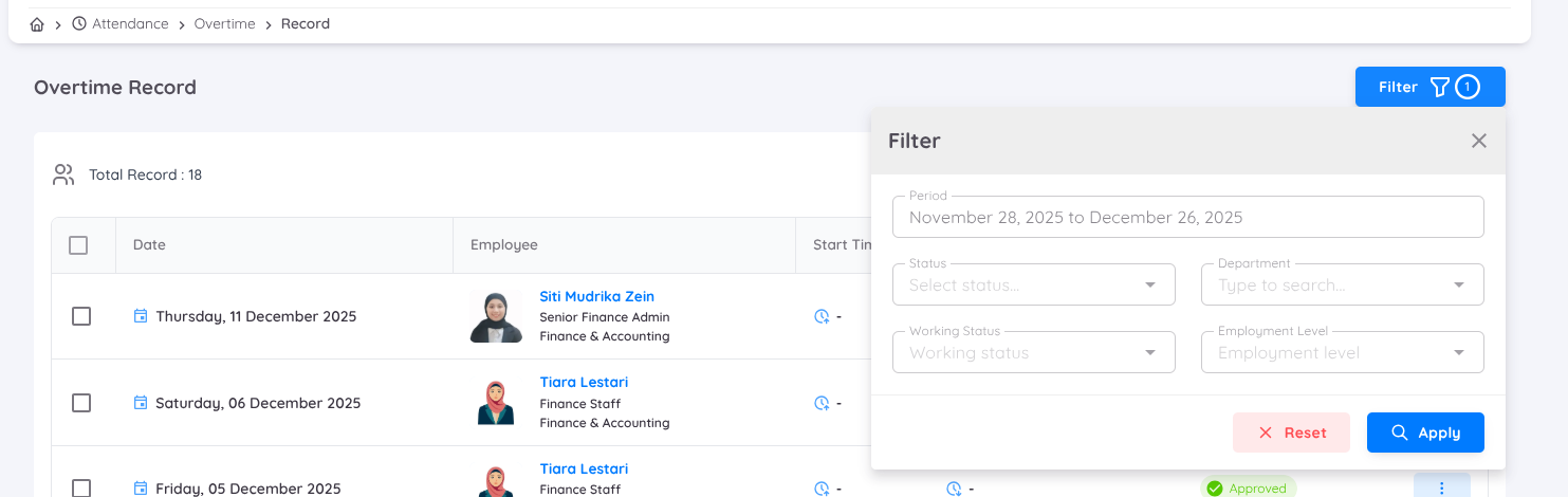 Filter Record Overtime