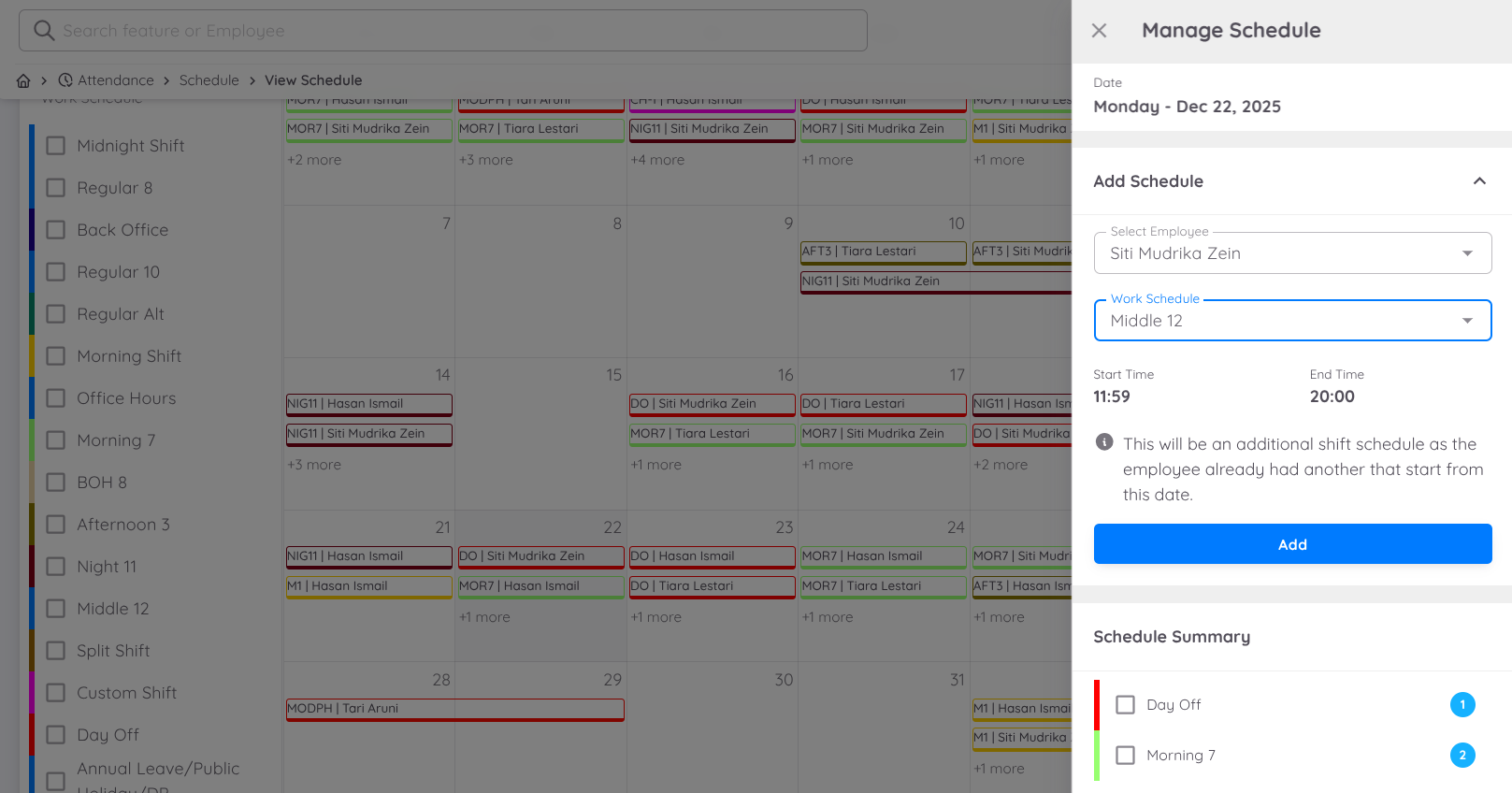 View of Manage Schedule