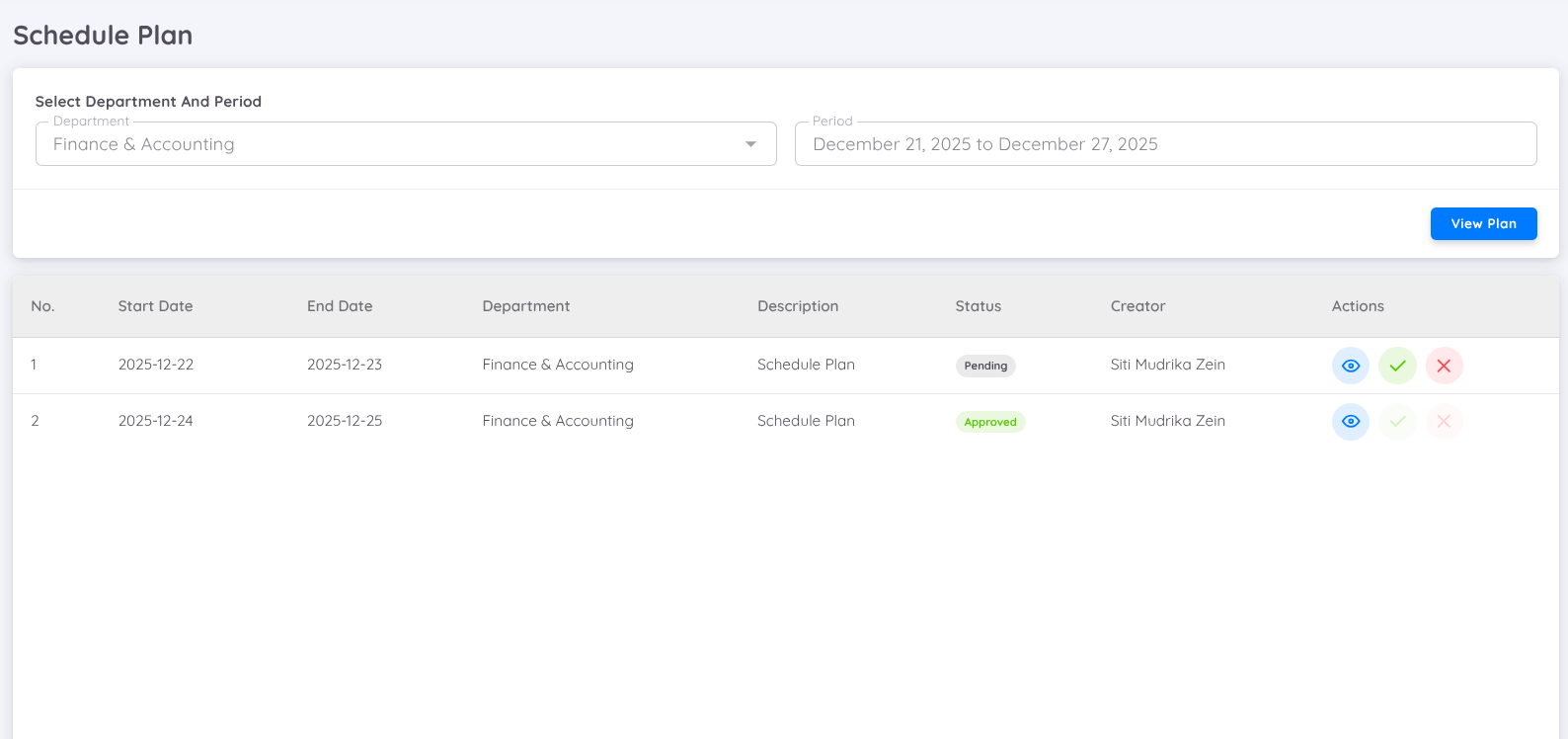 View of Schedule Plan List