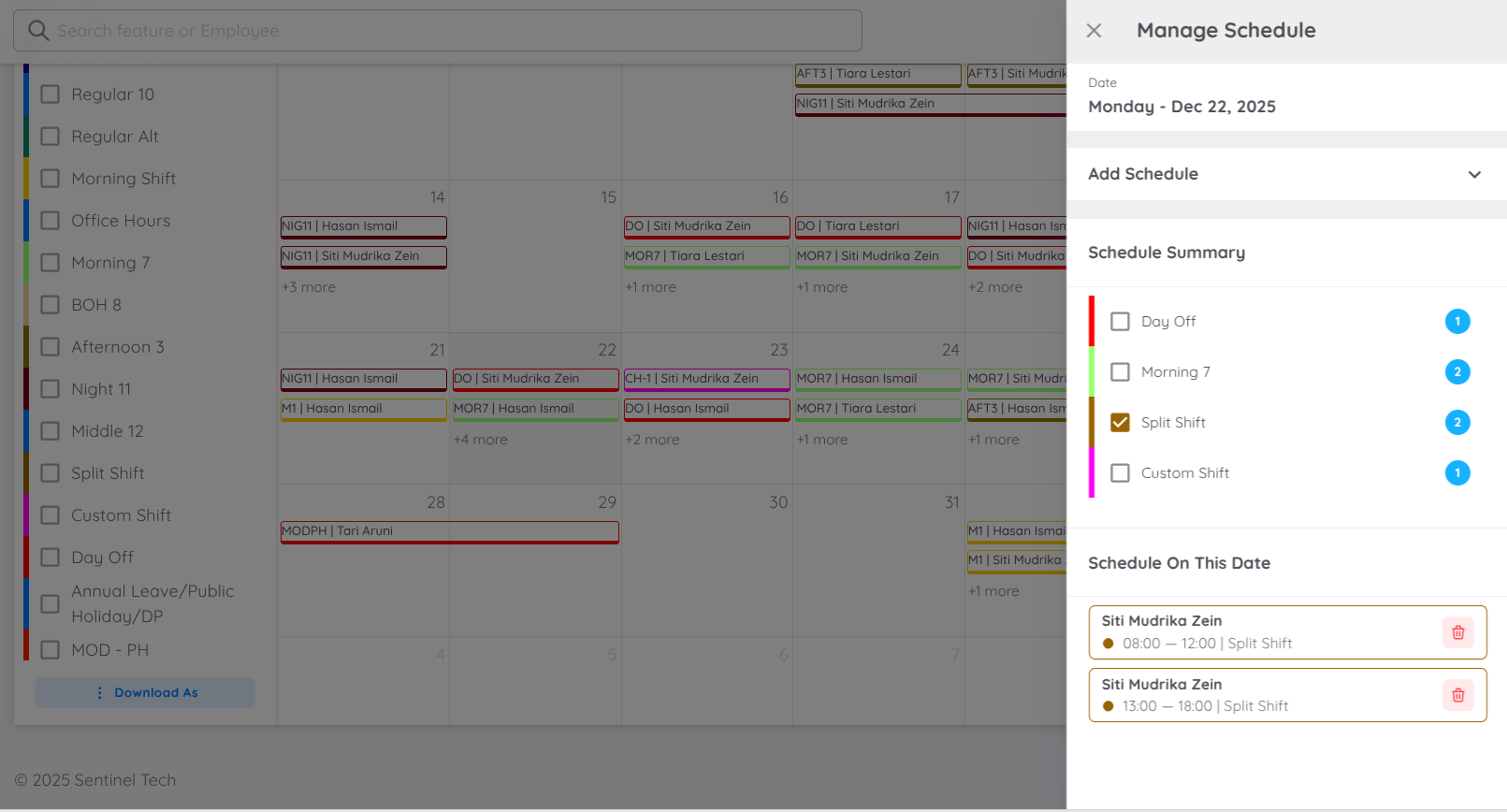 View of Split Shift Schedule Setup