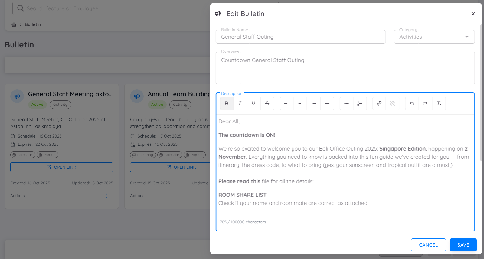 View of Edit Bulletin Page