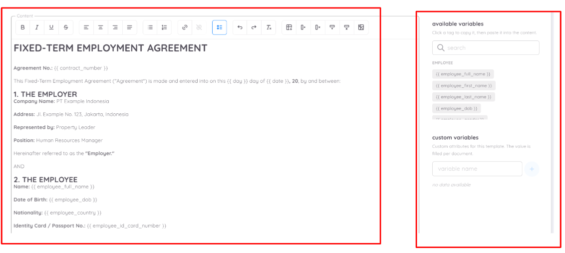 Tampilan Penambahan Variables pada Contract Template