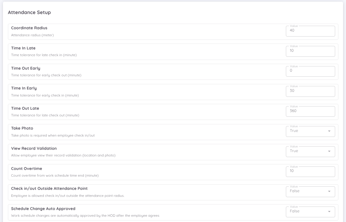 View of Attendance Setup