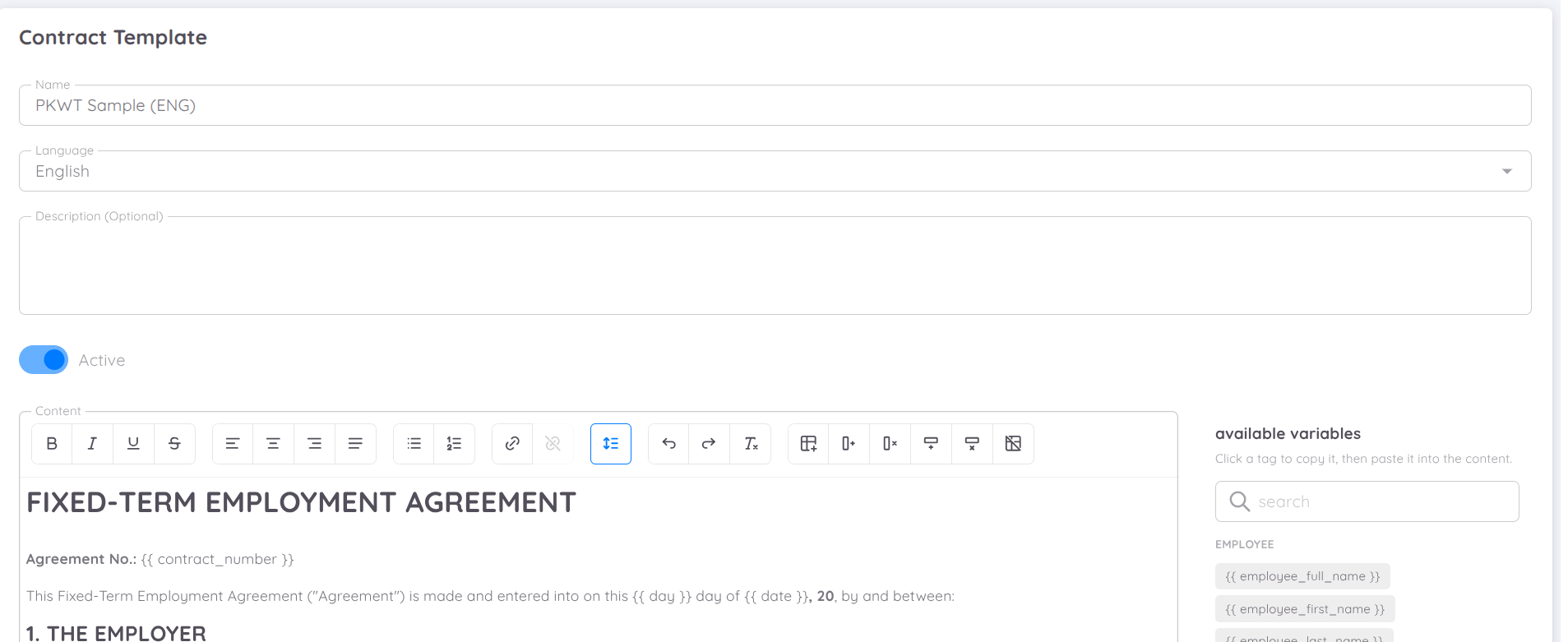 Tampilan Create New Contract Template