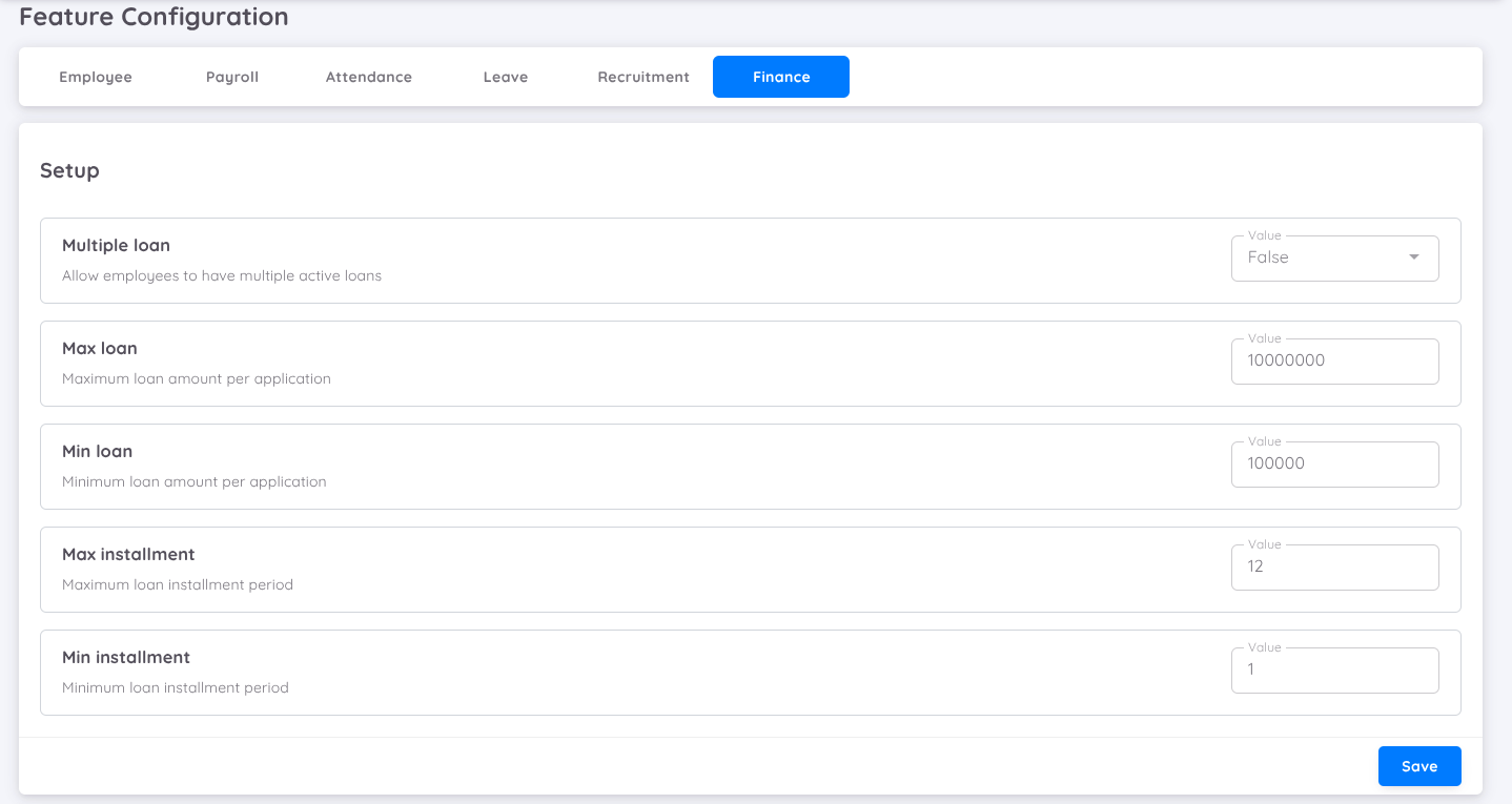 View of Finance Setup