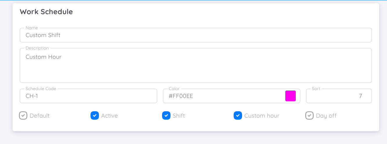 View of Edit Work Schedule