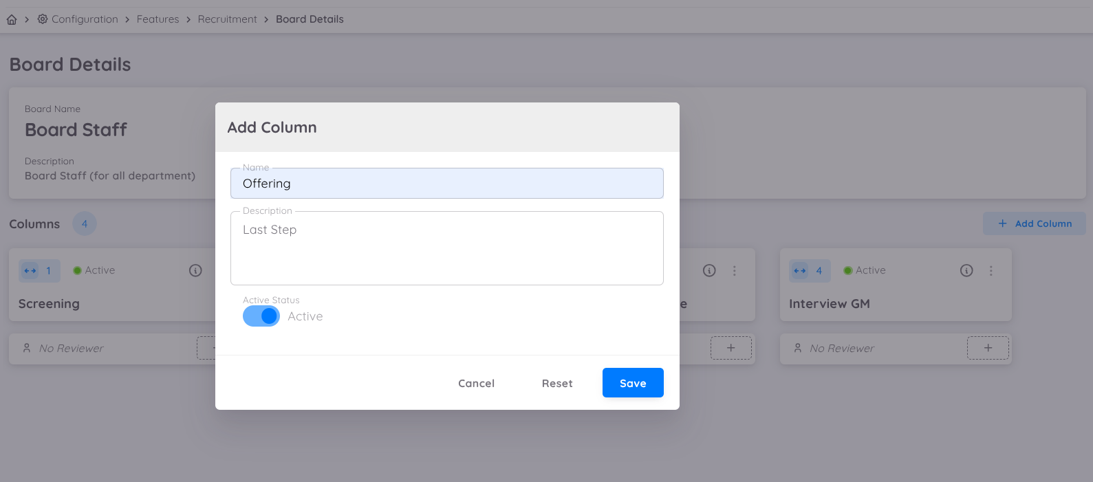 View of Add column on board