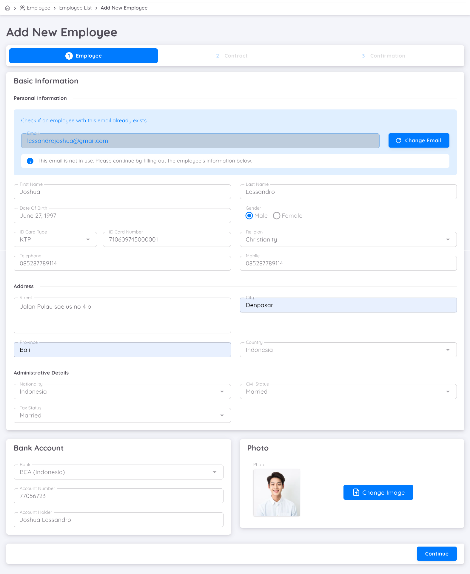 Fill data new employee