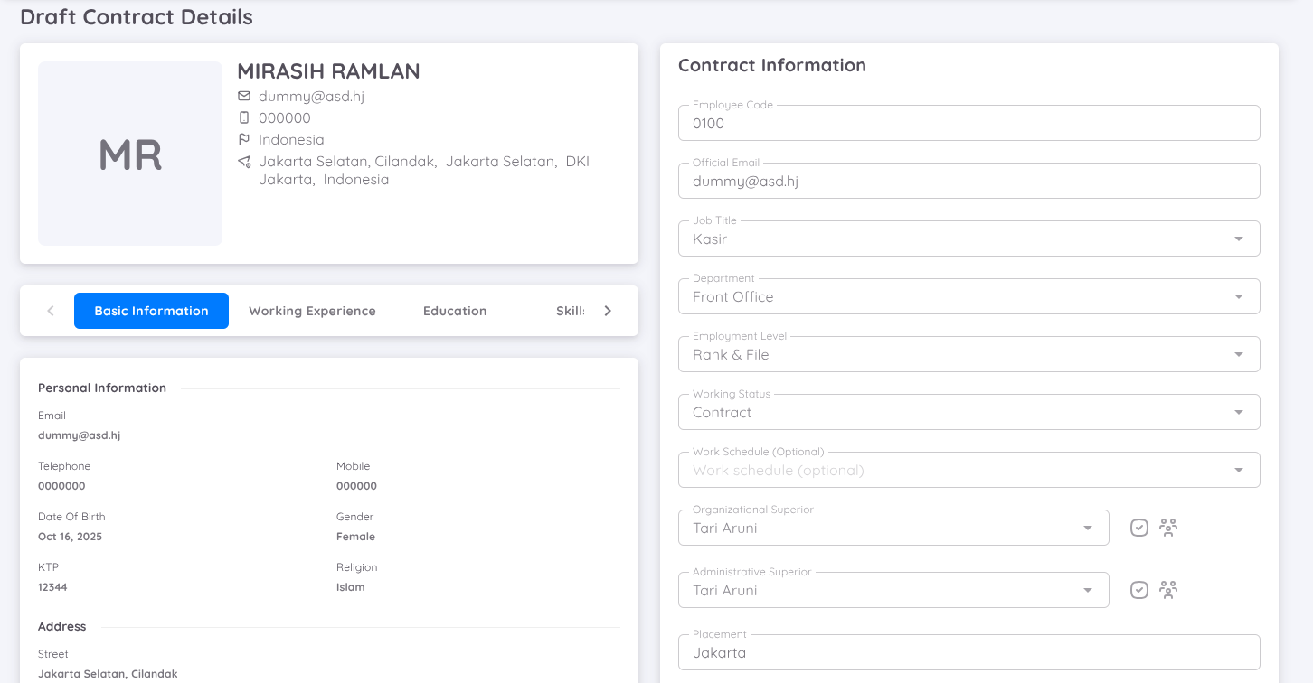 View of Draft Contract Details