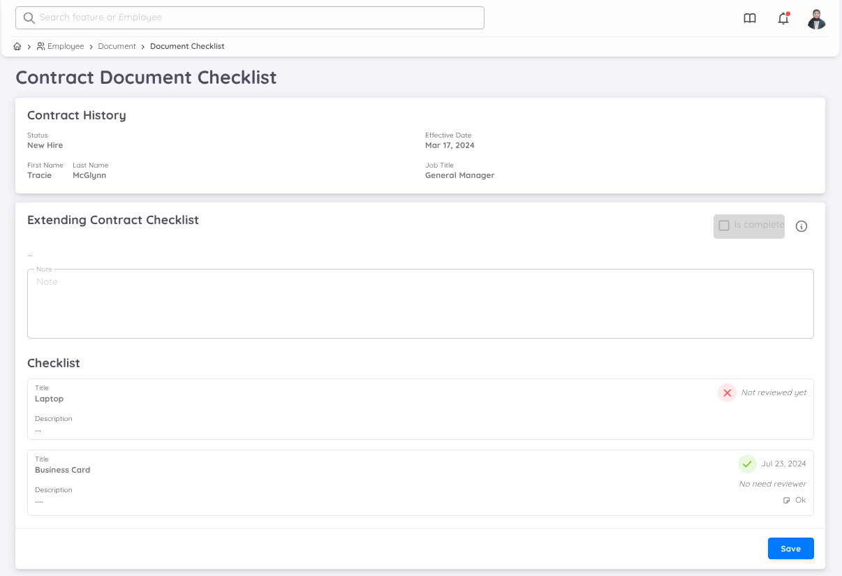 view of document checklist details