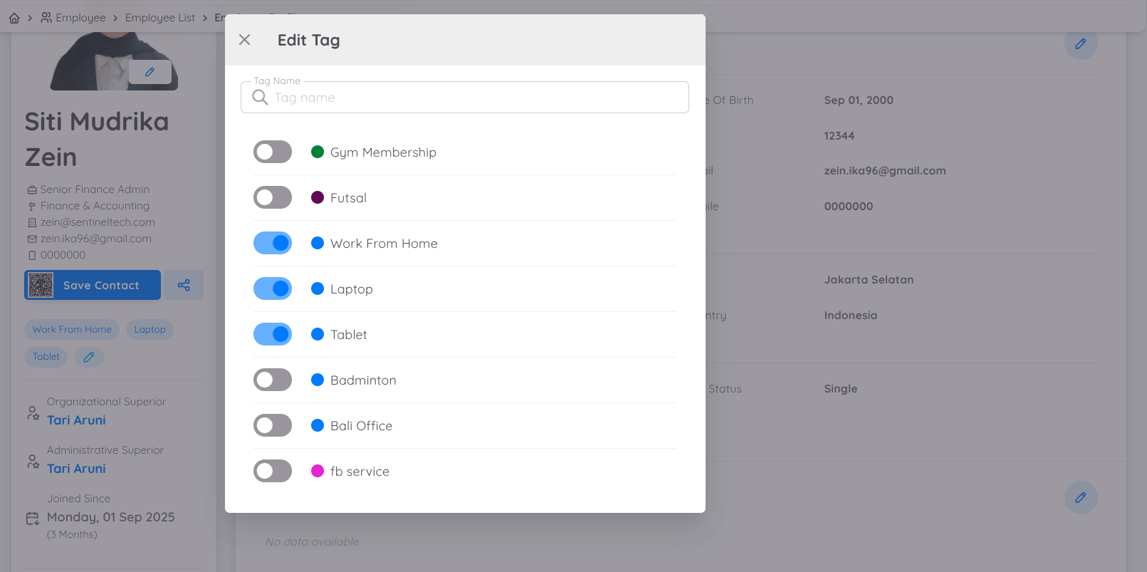 Tampilan dari Edit Tag Employee