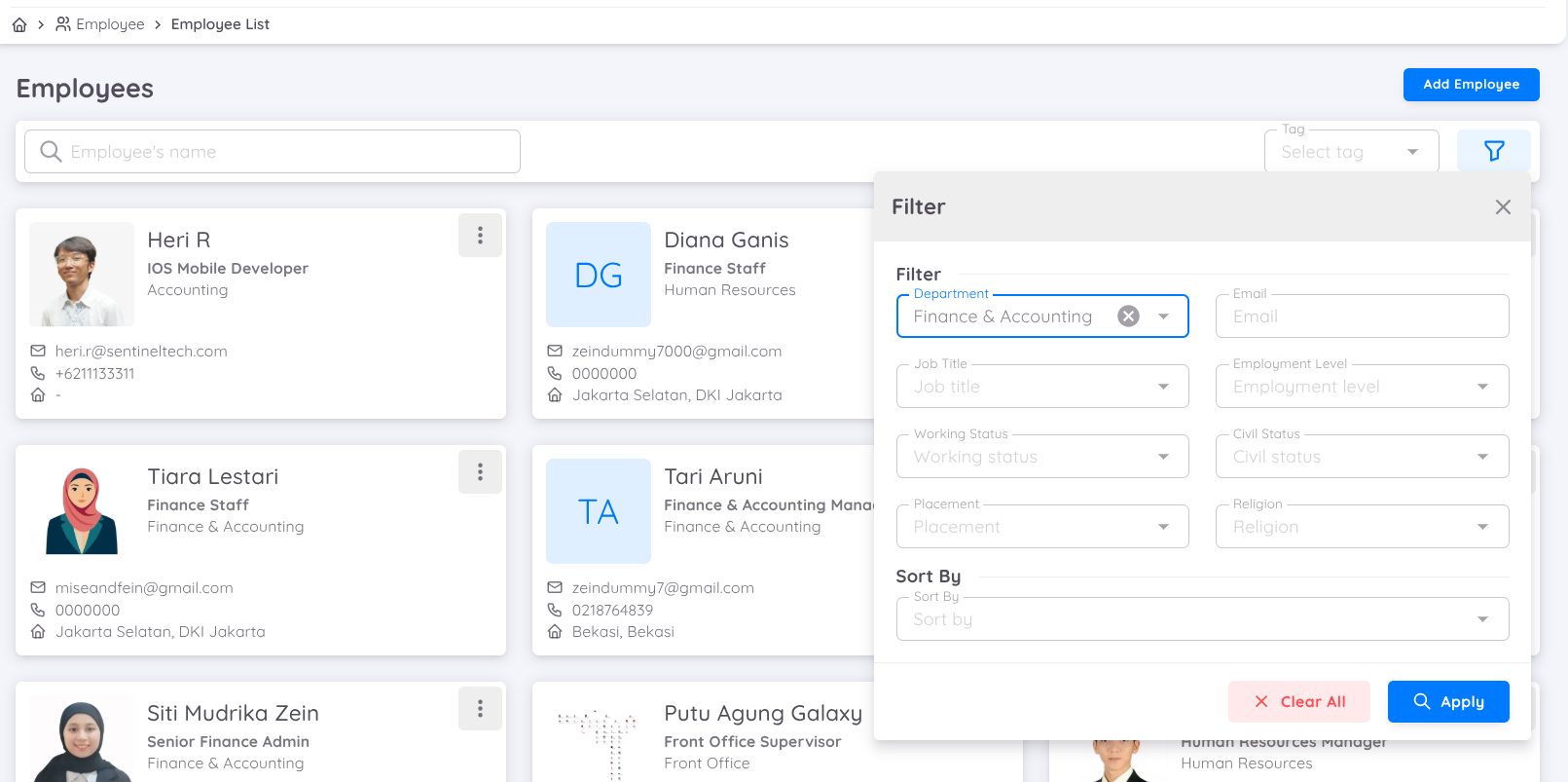 View of Employee Filter
