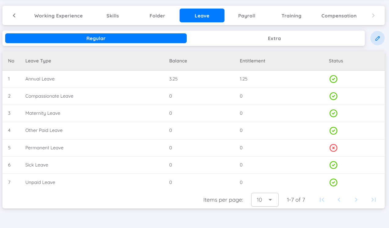 View of Regular Leave Profile