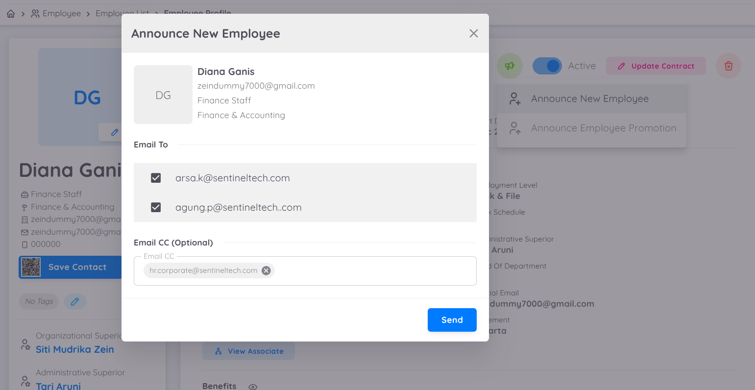 TView of announcement feature activation