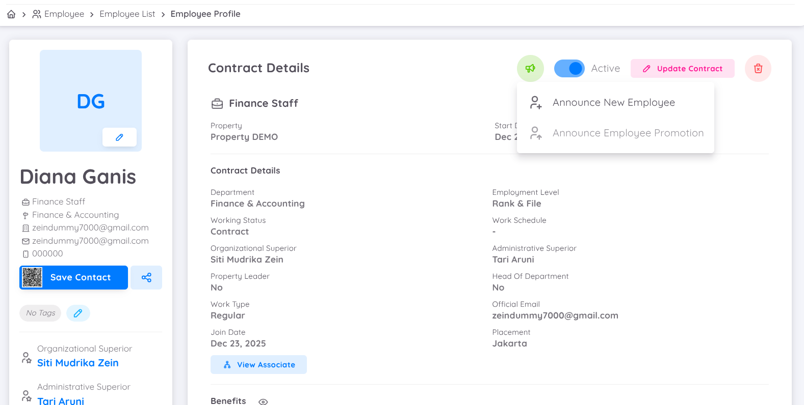 View of announcement feature on employee's contract