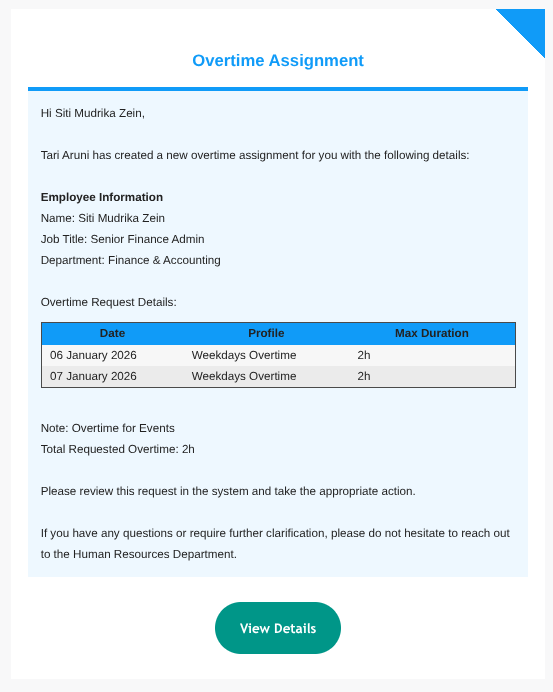 Overtime Assignment Email Notification