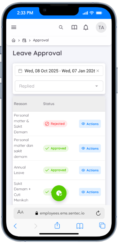 Leave Approval interface with Replied status