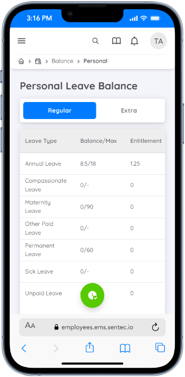 Regular Leave Balance view