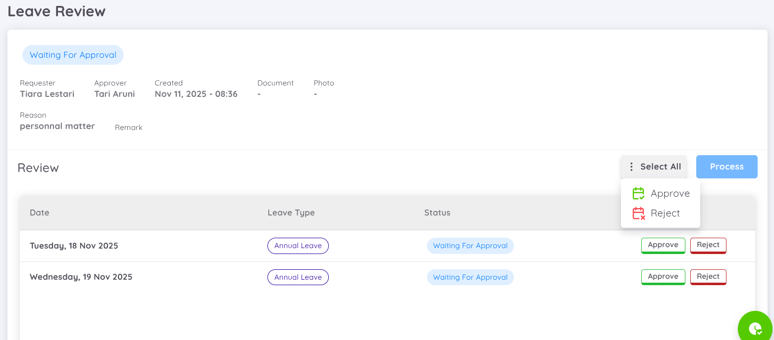 Detail Leave Approval View