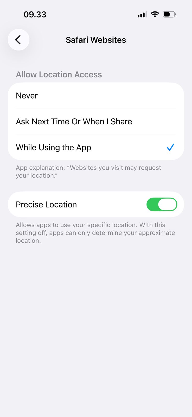 Safari Location Settings