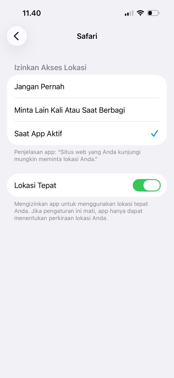 Pengaturan Lokasi Safari