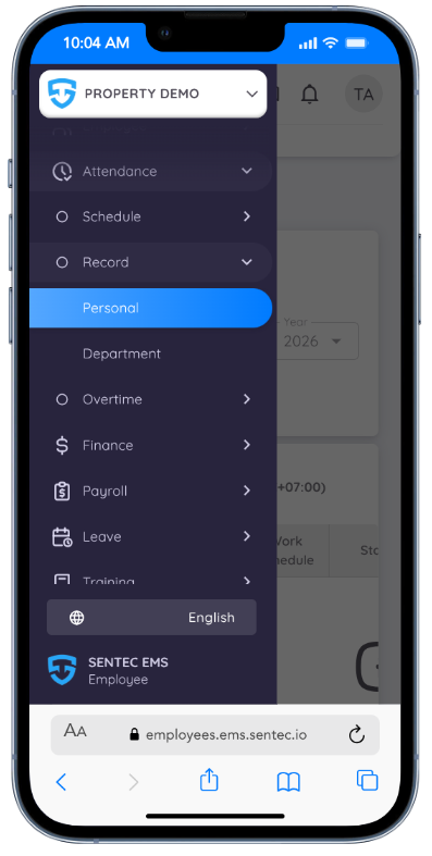 Personal Schedule Record Screen