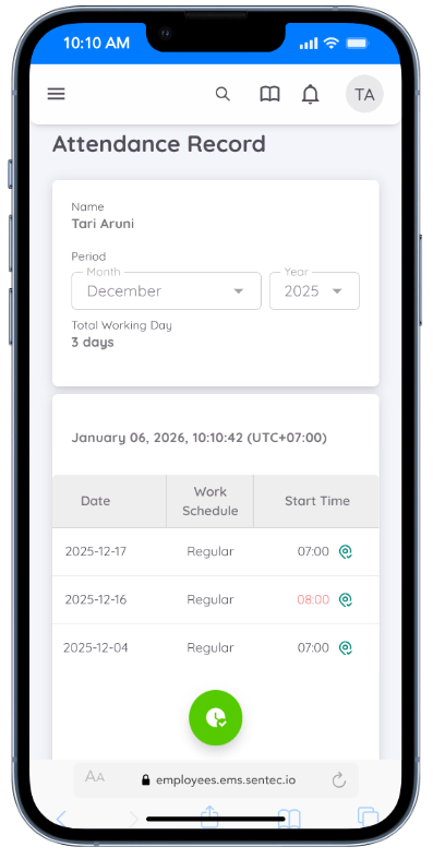 Personal Schedule Record Screen