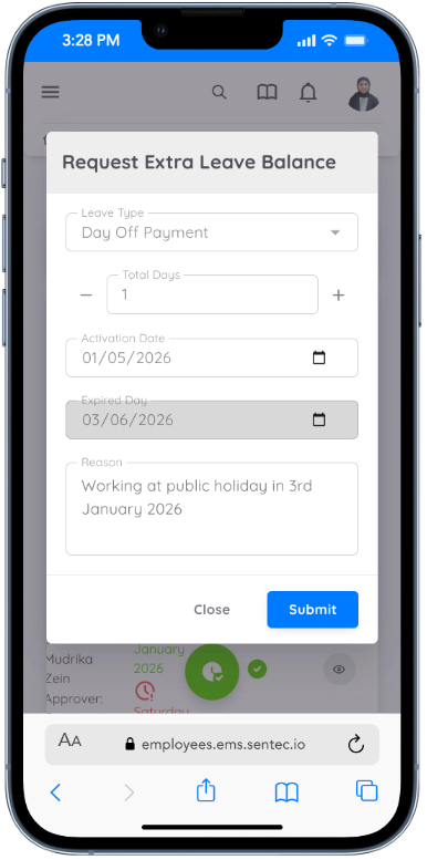 View of Request Balance dari Extra Leave Form