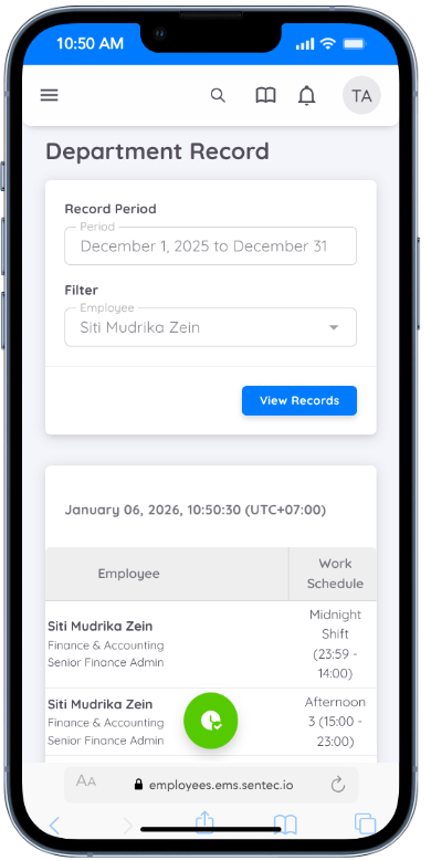 Department Schedule Record Screen