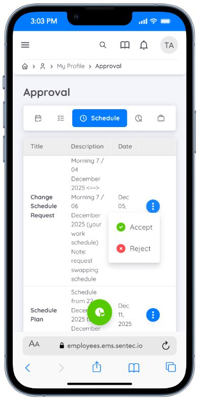 View of Switch Schedule Approval