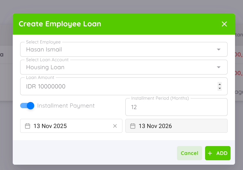 Full View of Add New Loan Form