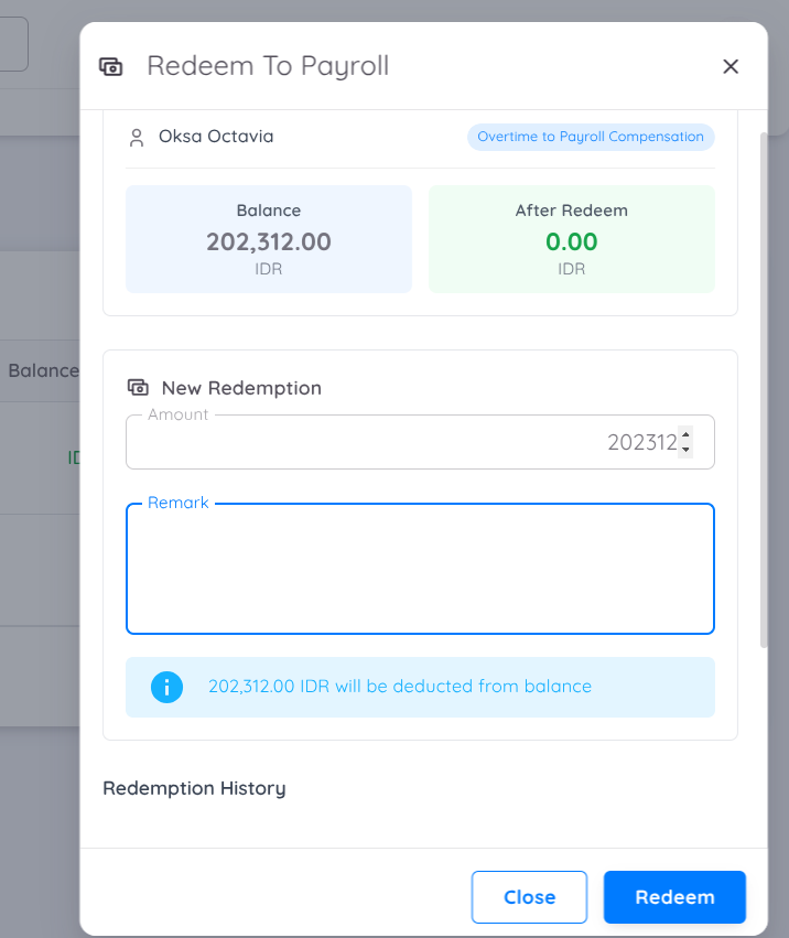 Redeem Saldo ke Payroll