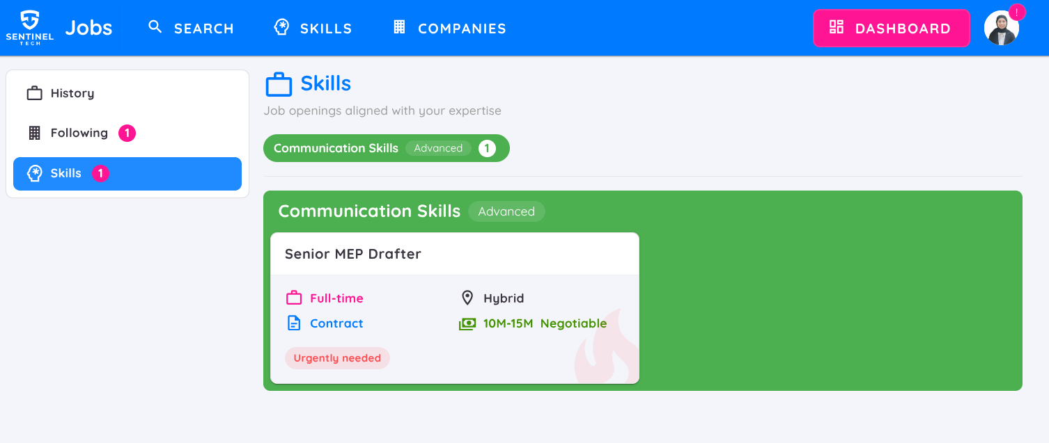 View of Applicant Dashboard : Skills