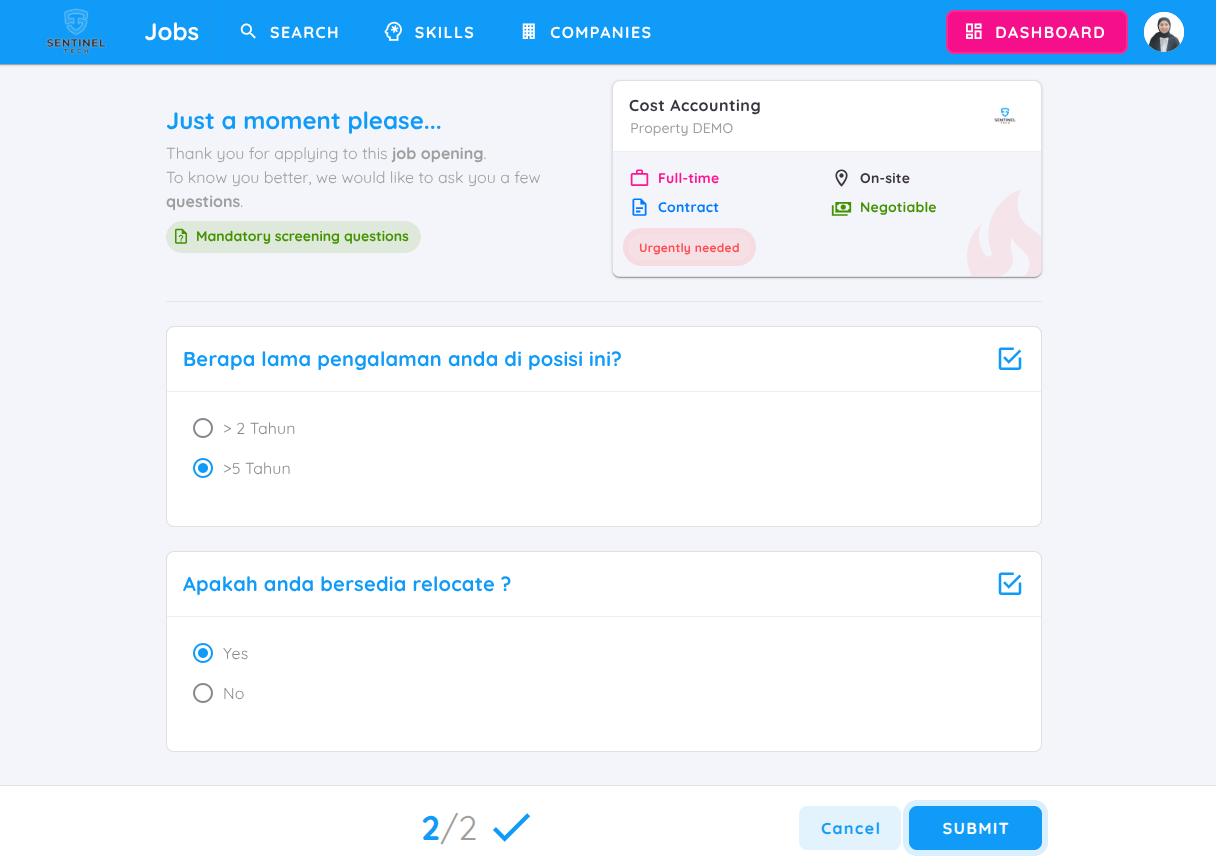 View of Applying Job (Filling Screening Question)