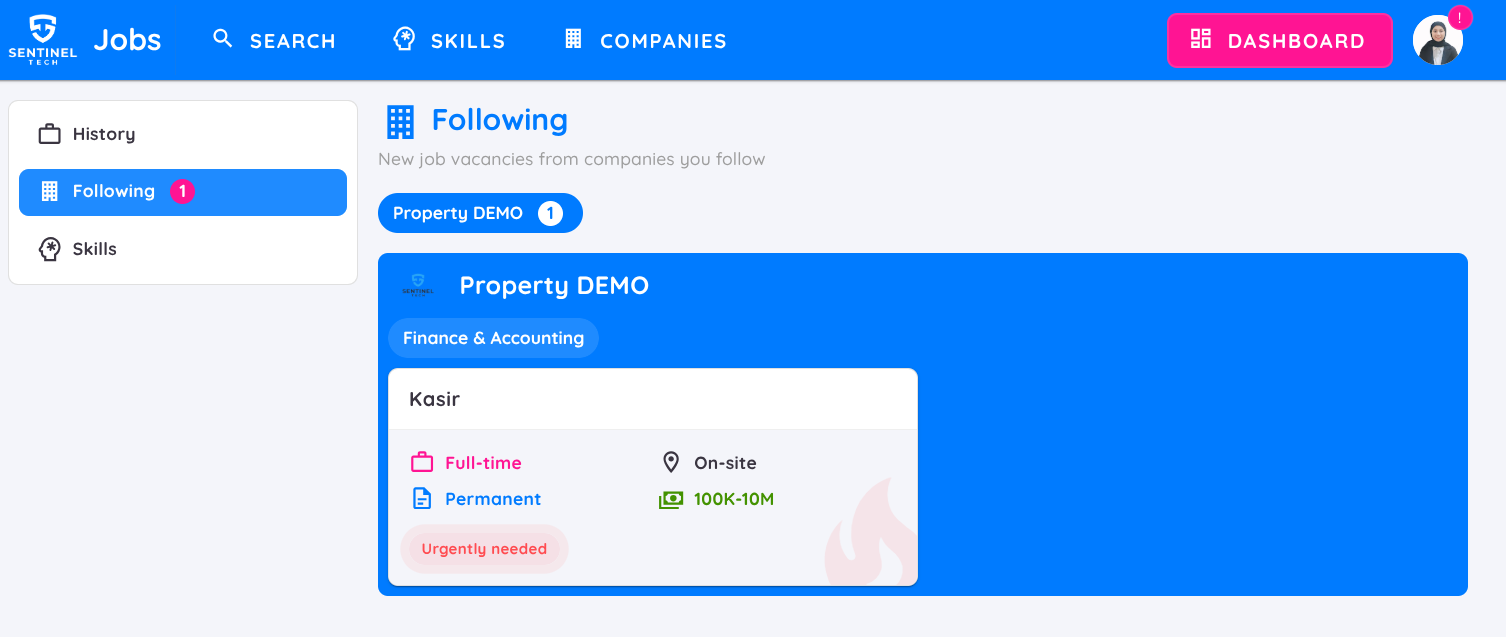 View of Applicant Dashboard : Companies