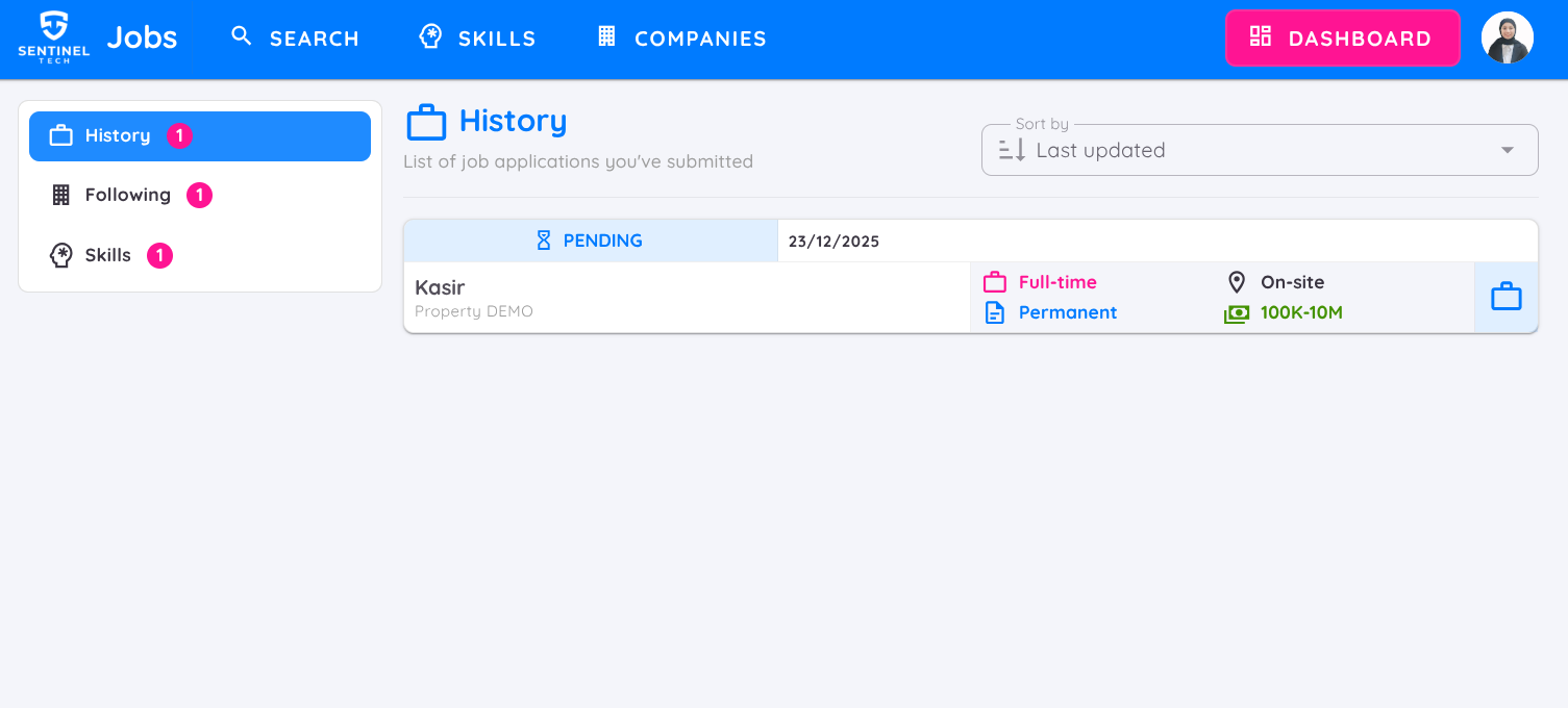 View of Applicant Dashboard : History