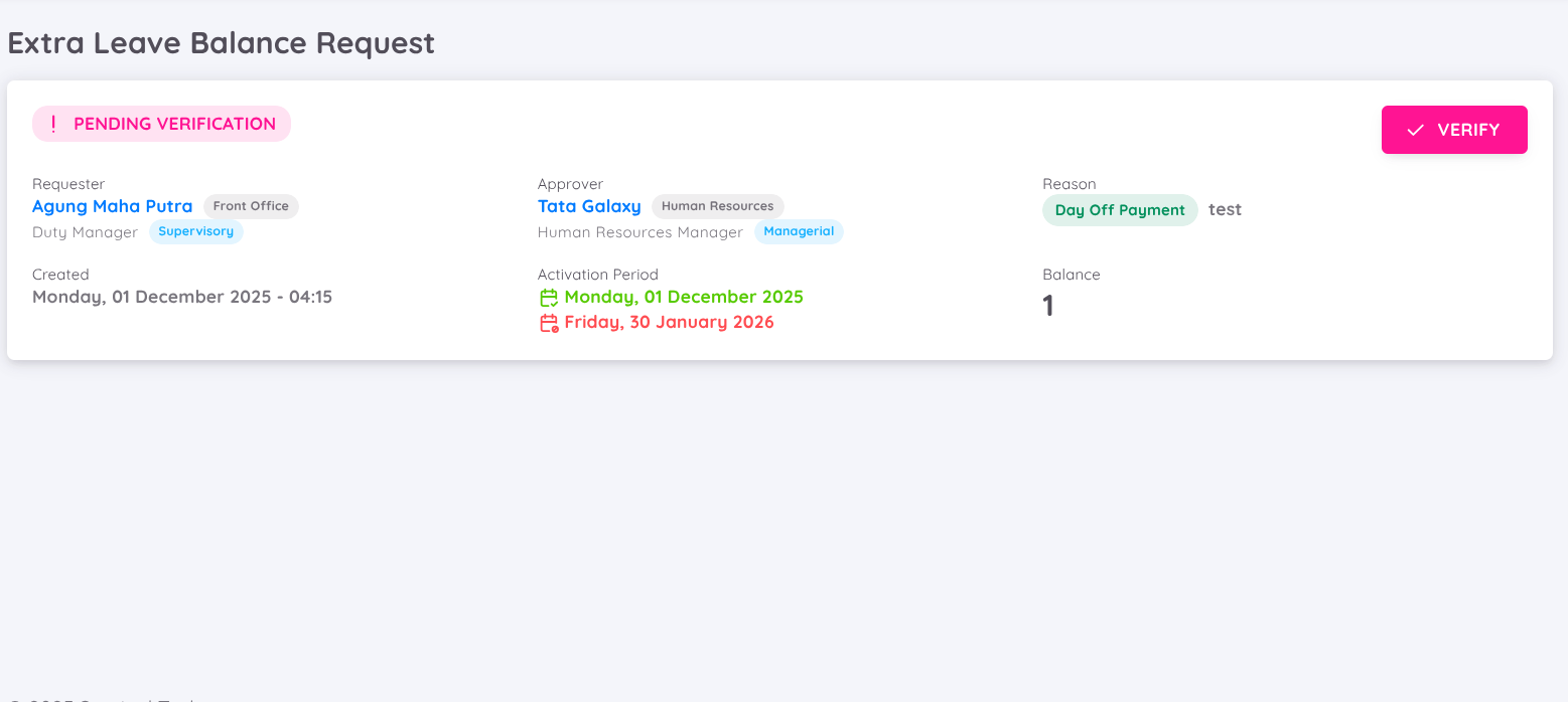 View of Personal Extra Leave Balance Requests