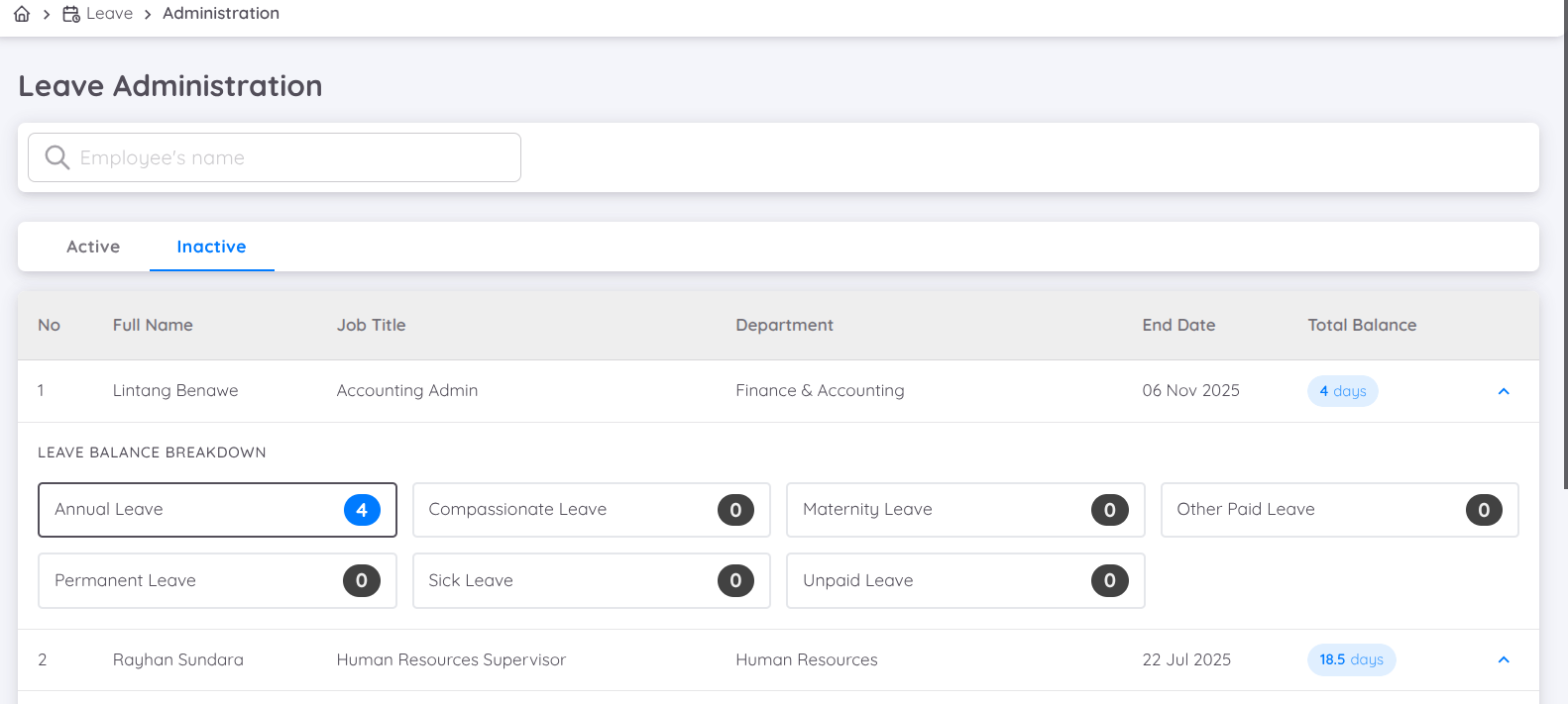 View of Employee Leave History