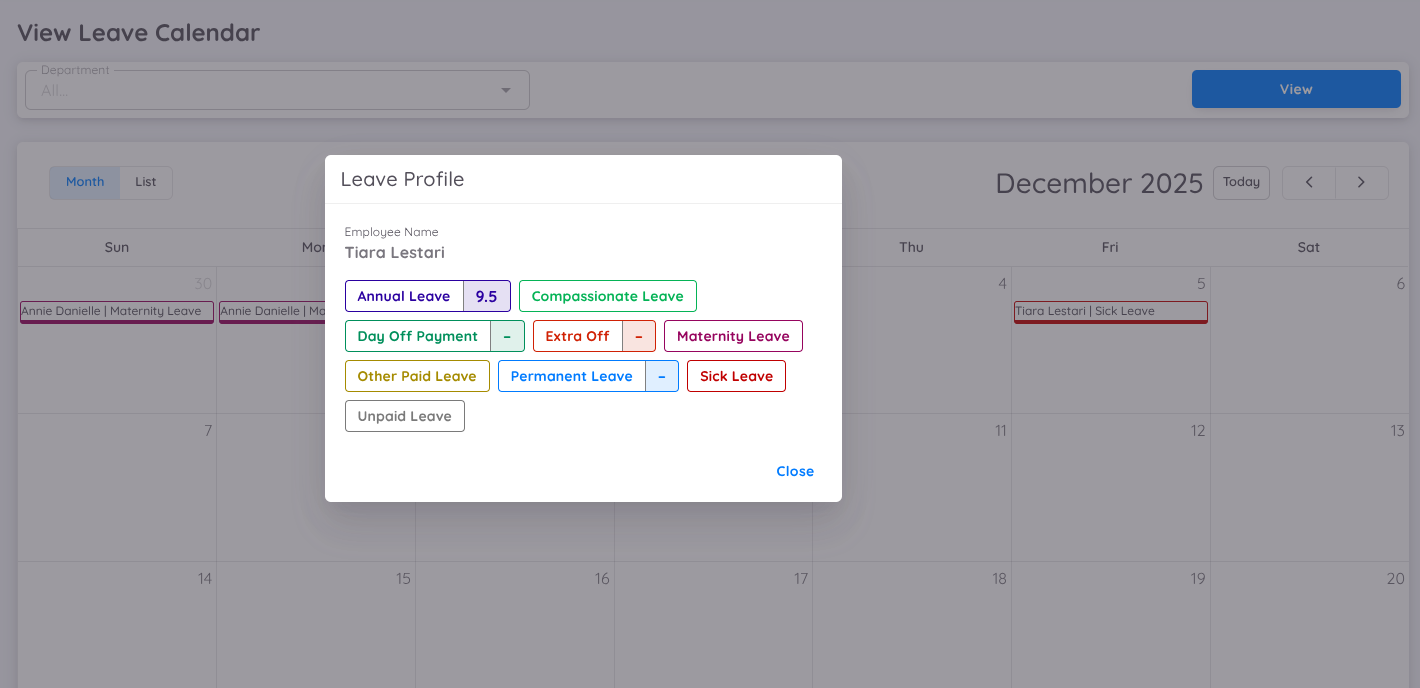 View of Leave Calendar