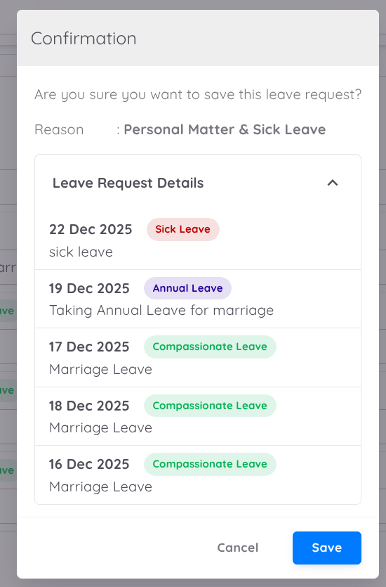 View of Leave Request Form Confirmation