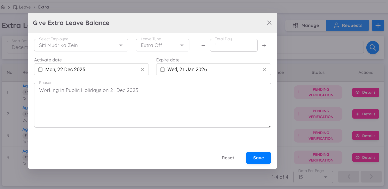 View of Extra Leave Form