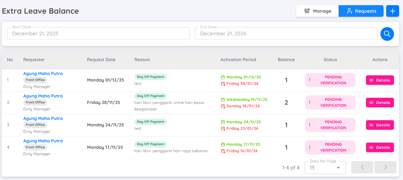 View of Personal Extra Leave Balance Requests