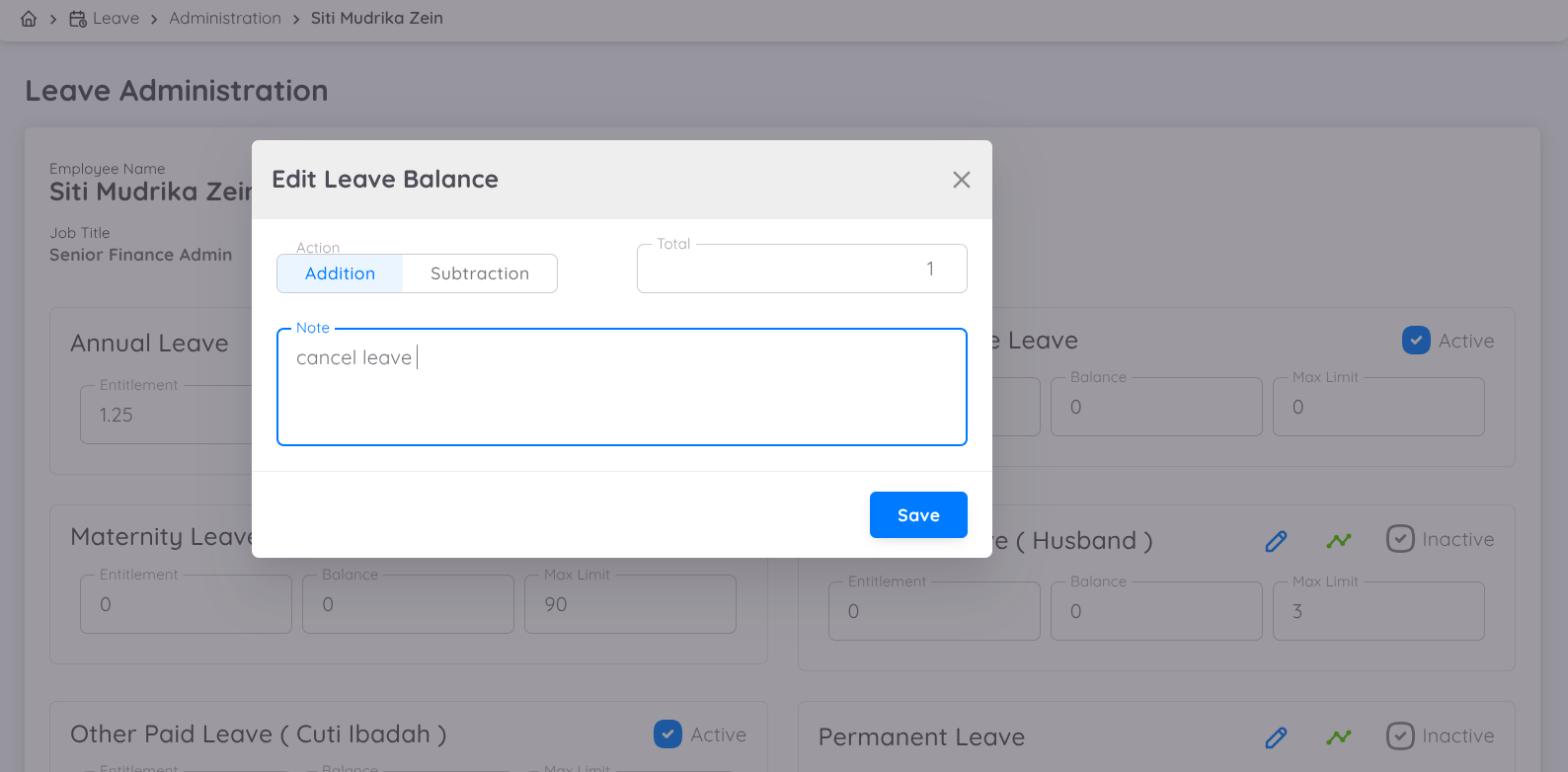 Form Edit Saldo Cuti