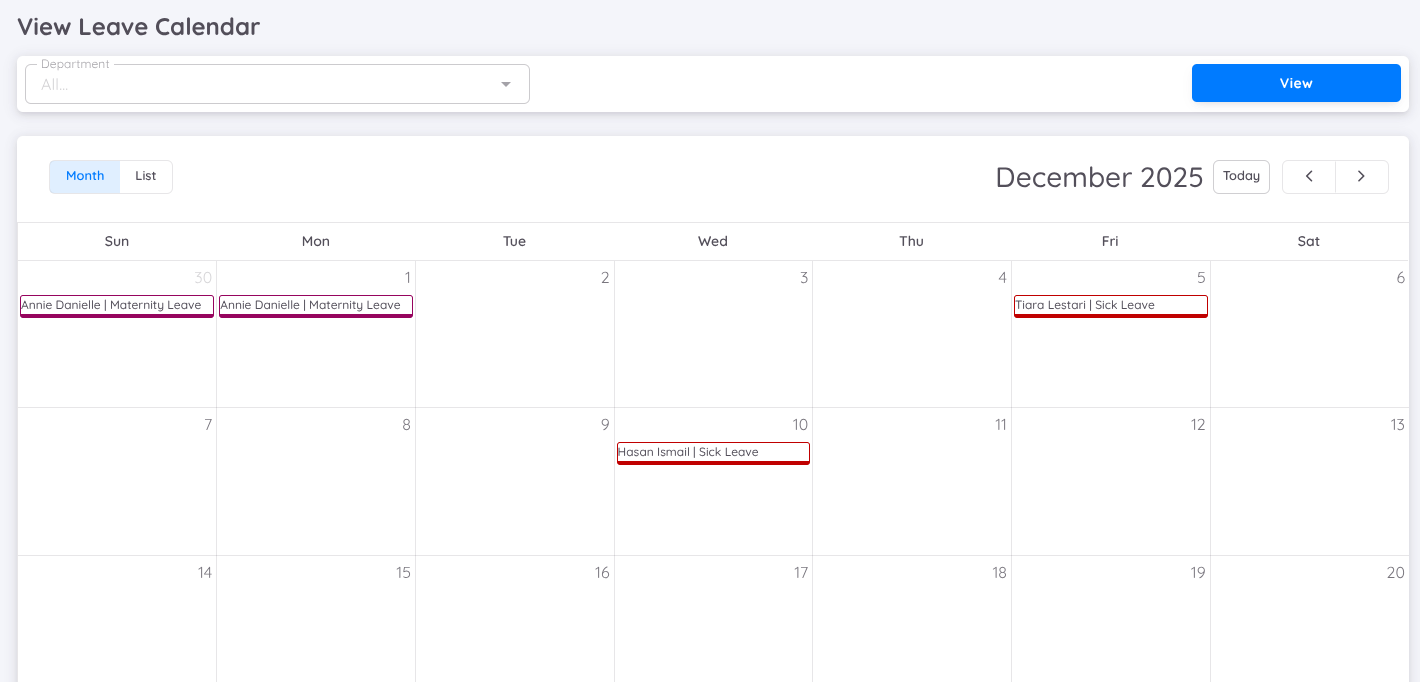 View of Leave Calendar