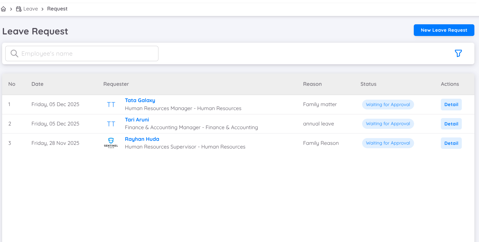 View of Leave Request Filter