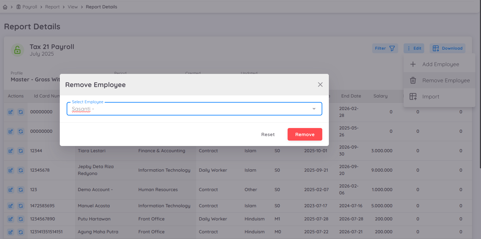 View of Remove Employee Process