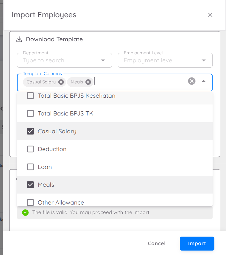 Pemilihan Template Import Payroll
