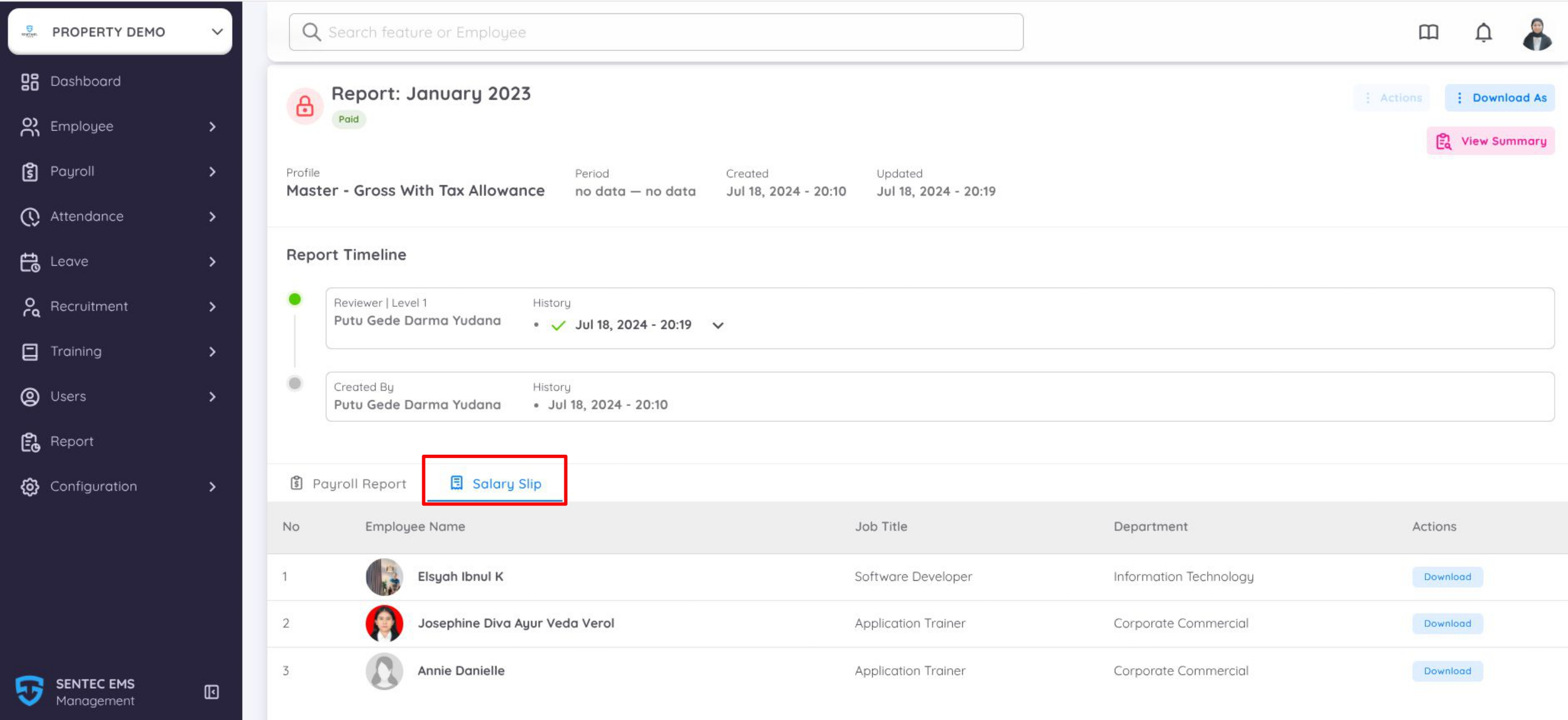 View of Payslip in the Payroll Report